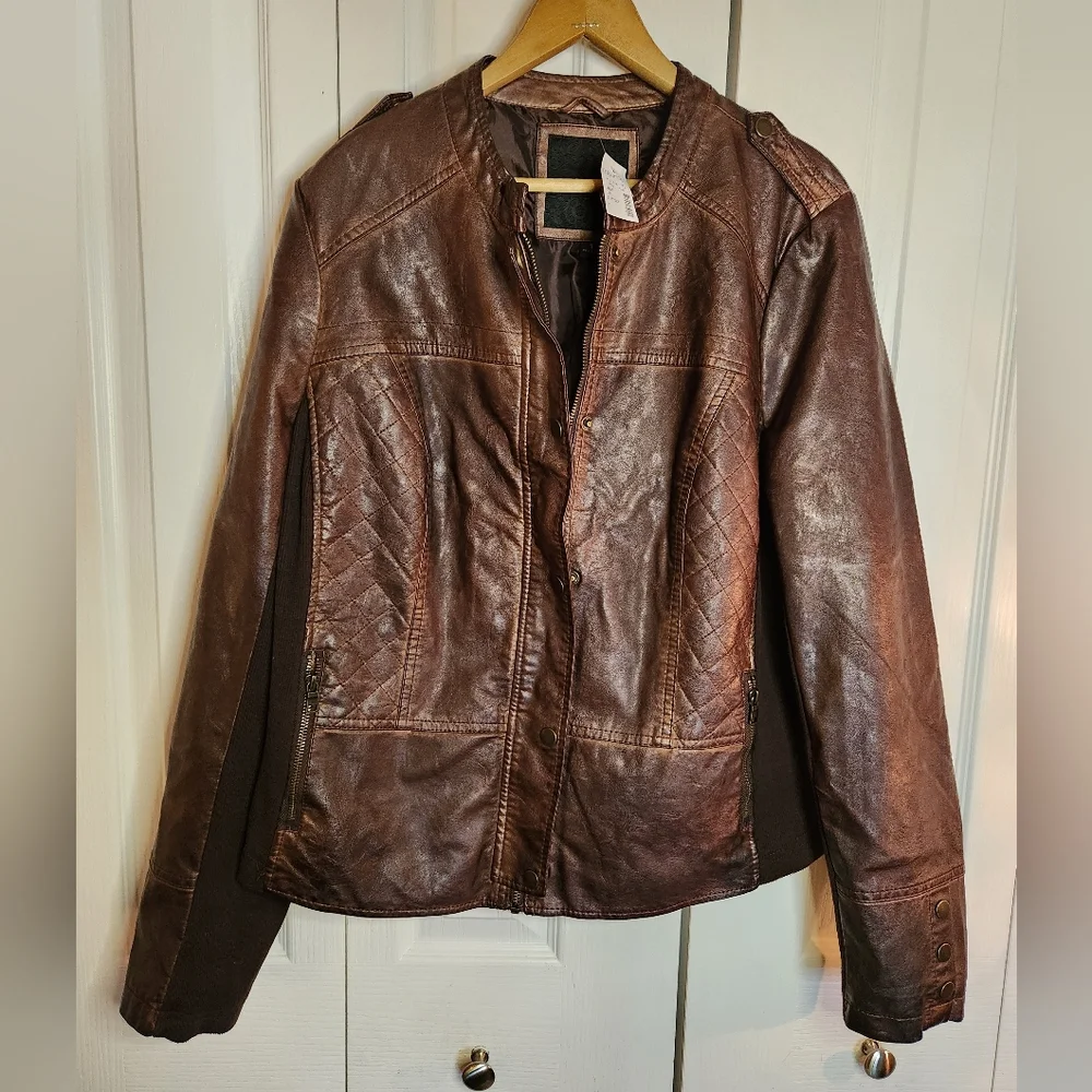 NWT Maurices Brown Distressed Faux Leather Moto Military Jacket Size 1 - Picture 5 of 10